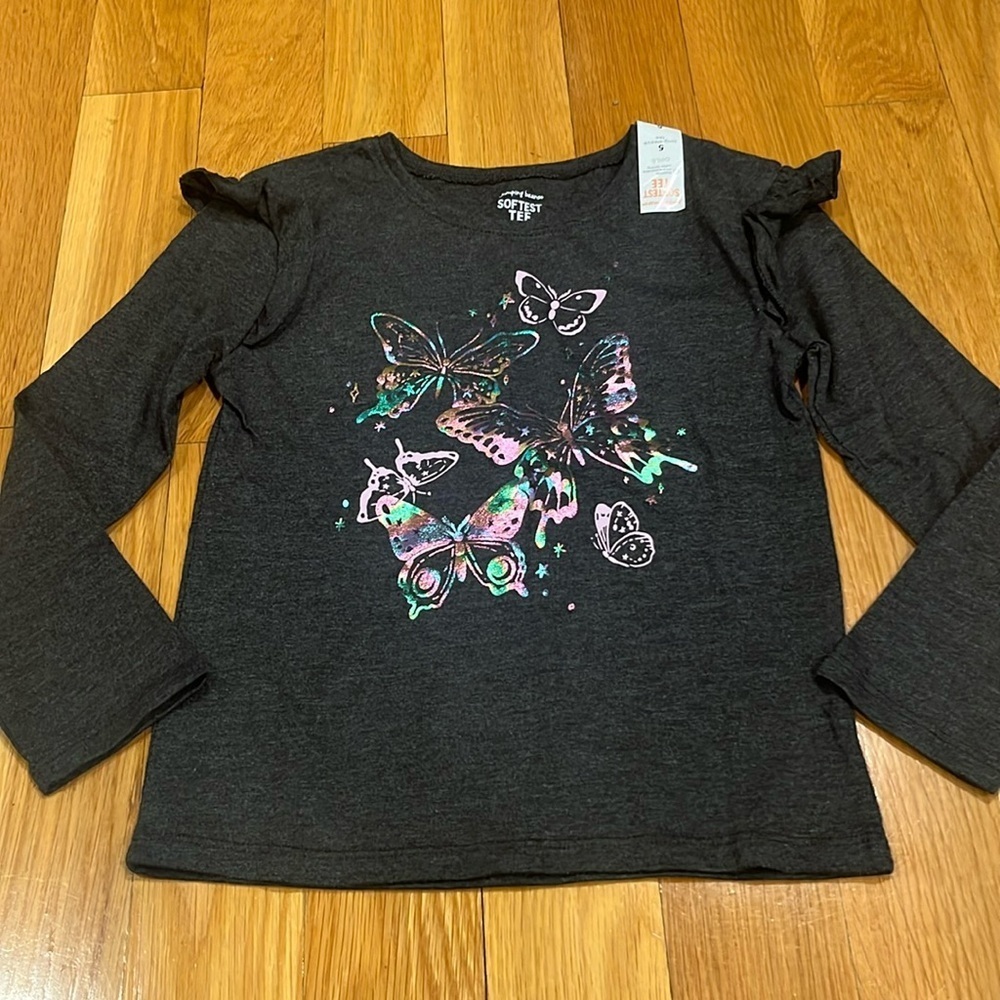 NWT Jumping Beans softest tee girls long sleeve with butterfly’s size 5 .